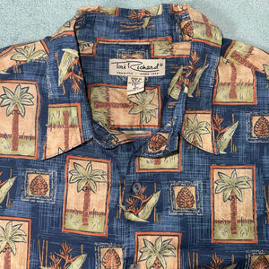 Vintage Tori Richard Casual Button Down Shirt L Blue Brown Palm Tree Cotton Lawn